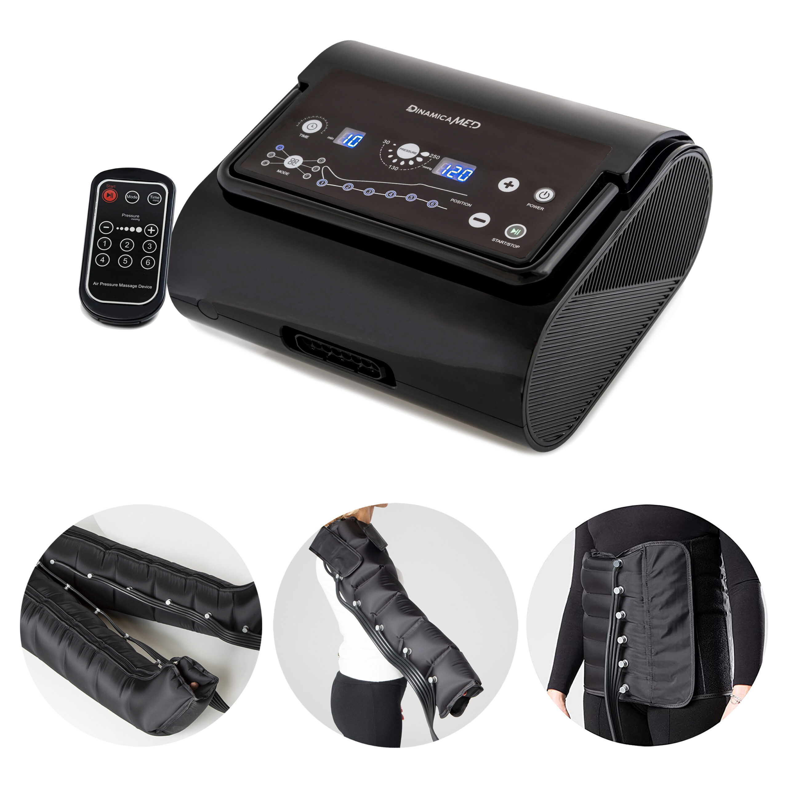 DinamicaMed® Presoterapia Digital PREMIUM Compact 6 con Botas para Piernas + Brazalete + Faja Abdominal